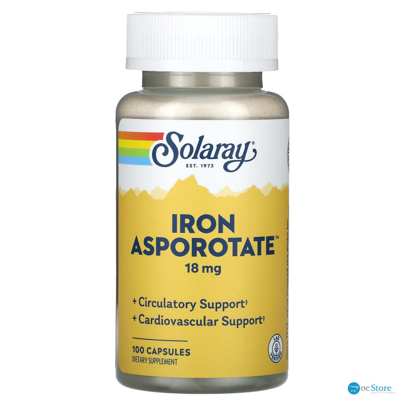 Залізо, Iron Asporotate, Solaray, 18 мг, 100 капсул