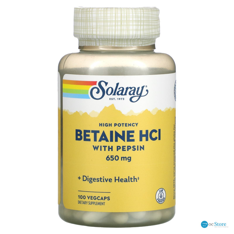 Бетаїн HCl + пепсин, Betaine HCL with Pepsin, Solaray, високоефективний, 650 мг, 100 вегетаріанських капсул