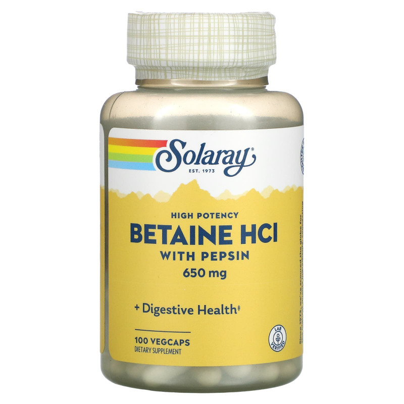 Бетаїн HCl + пепсин, Betaine HCL with Pepsin, Solaray, високоефективний, 650 мг, 100 вегетаріанських капсул