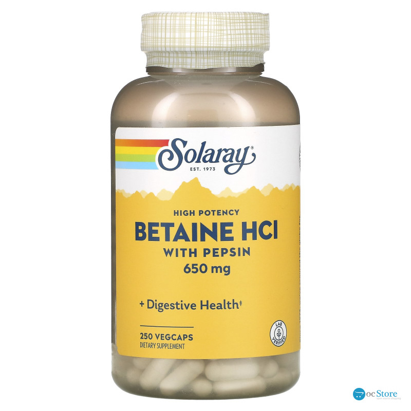 Бетаїн HCl + пепсин, HCL with Pepsin, Solaray, високоефективний, 650 мг, 250 вегетаріанських капсул