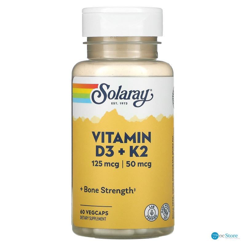 Вітамін D3 і К2, Vitamin D-3 & K-2, Solaray, без сої, 60 рослинних капсул