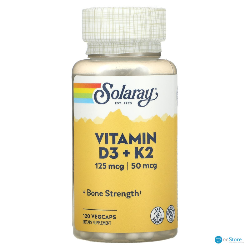 Вітаміни D3 і К2, Vitamin D-3 + K-2, Solaray, без сої, 120 капсул