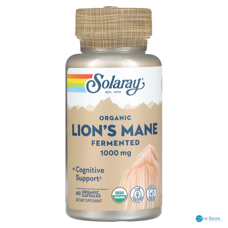 Їжовик гребінчастий, Lion's Mane, Solaray, органік, ферментований, 1000 мг, 60 органічних капсул (500 мг у капсулі)