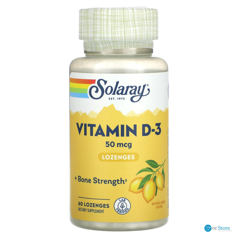 Вітамін D-3, Vitamin D-3, Solaray, 50 мкг, смак лимона, 60 льодяників
