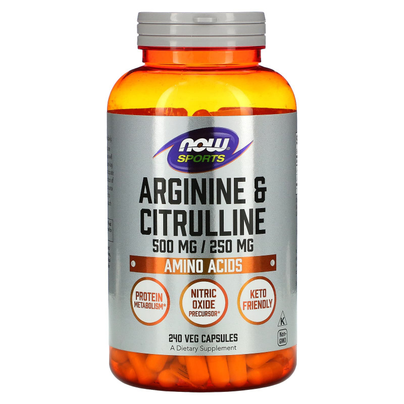 Аргінін та цитрулін, Arginine & Citrulline, Now Foods, Sports, 500 мг/250 мг, 240 вегетаріанських капсул