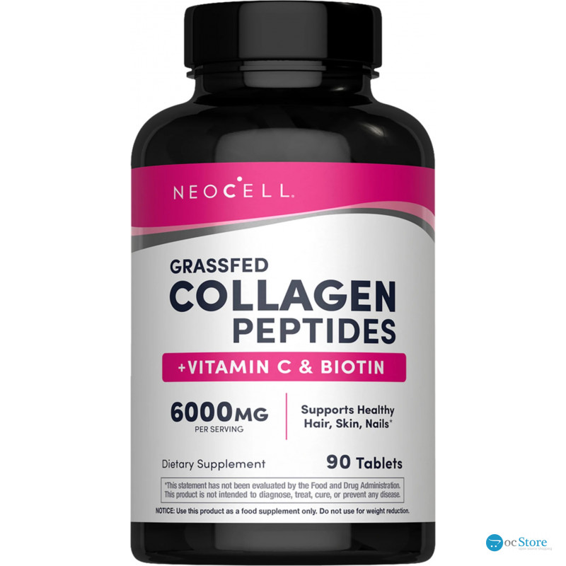Пептиди колагену + вітамін С та біотин, Collagen, + Vitamin C & Biotin, NeoCell, 6000 мг, 90 таблеток