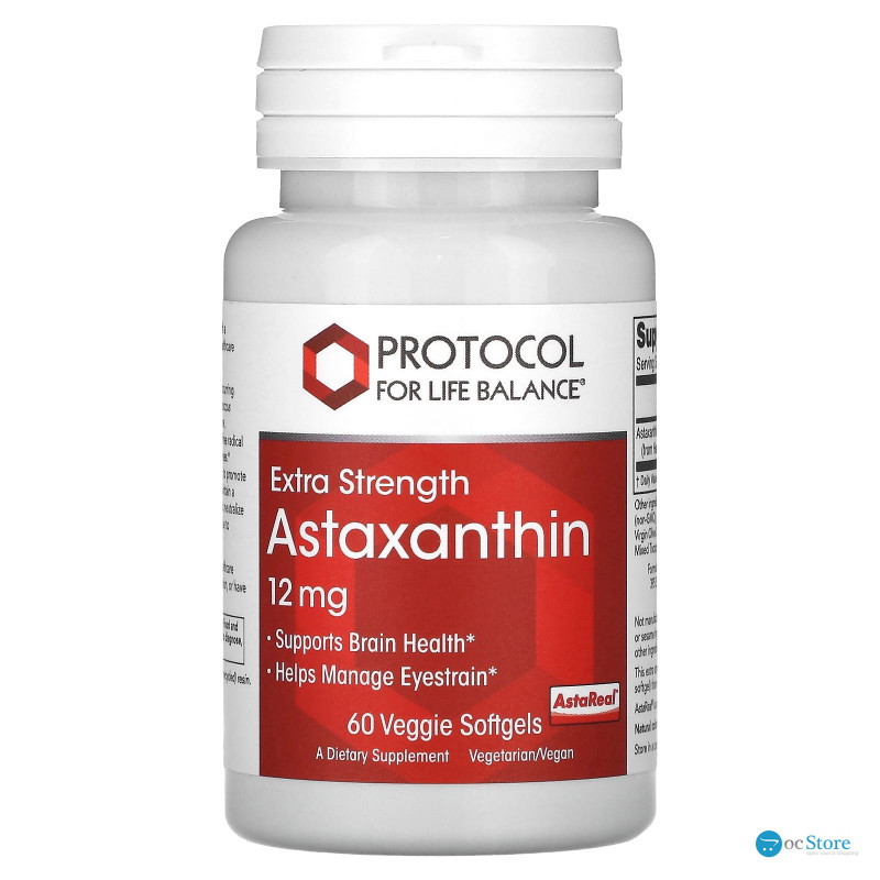 Астаксантин, Astaxanthin, Protocol for Life Balance, підвищена сила, 12 мг, 60 рослинних гелевих капсул