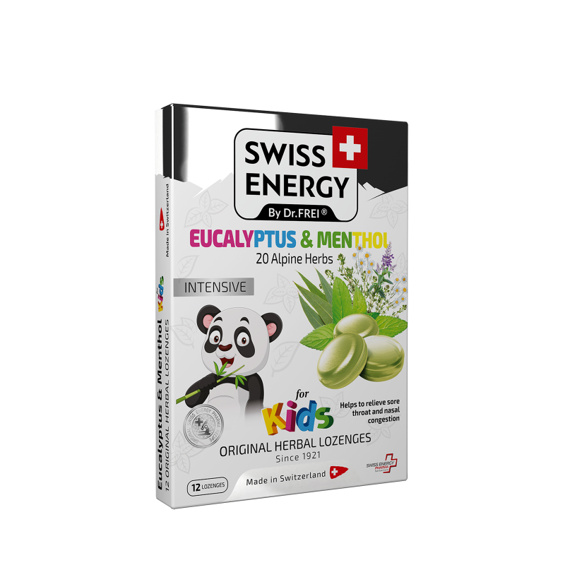 Льодяники від застуди, для дітей, Herbal Lozenges Blister 20 herbs + Eucalyptus and Menthol for kids, Swiss Energy, від кашлю, болю в горлі та закладеності носа, 20 альпійських трав, ментол та евкаліпт, 12 трав'яних льодяників