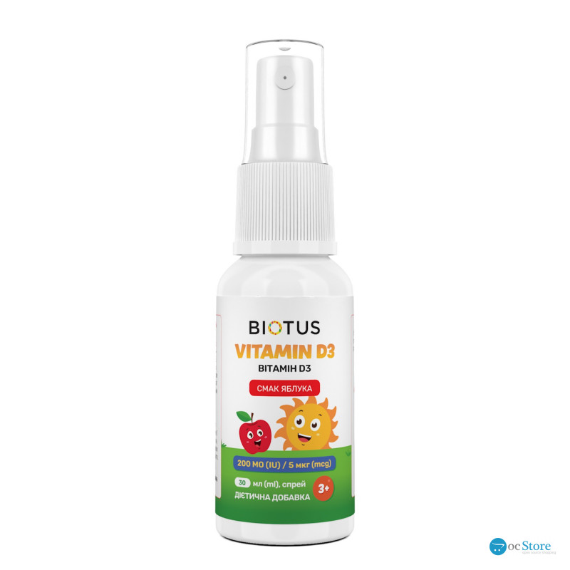 Вітамін D3, Vitamin D3, Biotus, спрей для дітей, смак яблука, 200 МО/5 мкг, 30 мл