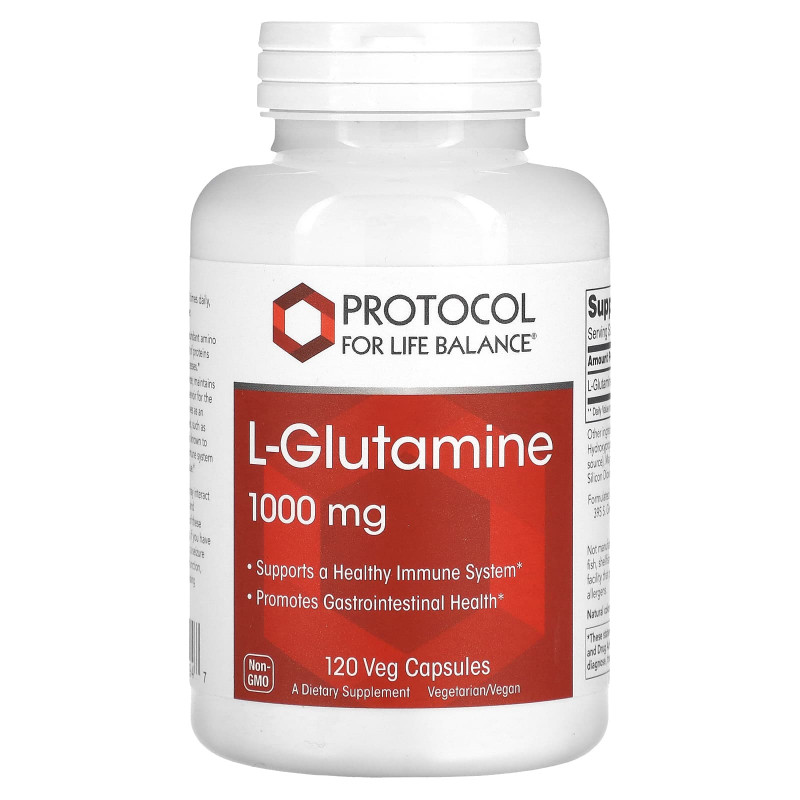 L-глютамін, L-Glutamine, Protocol for Life Balance, 1000 мг, 120 рослинних капсул