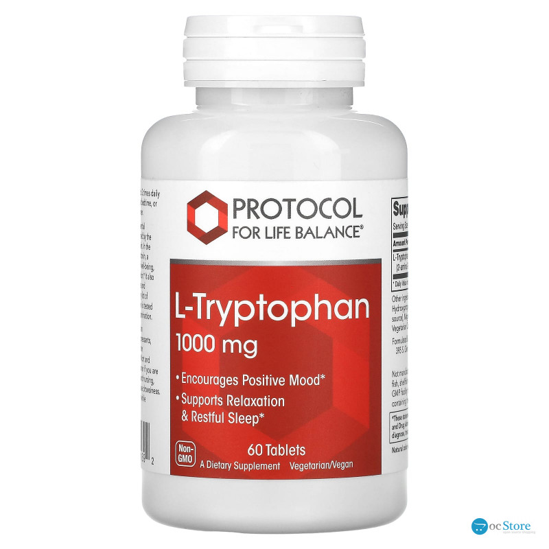 L-триптофан, L-Tryptophan, Protocol for Life Balance, 1000 мг, 60 таблеток