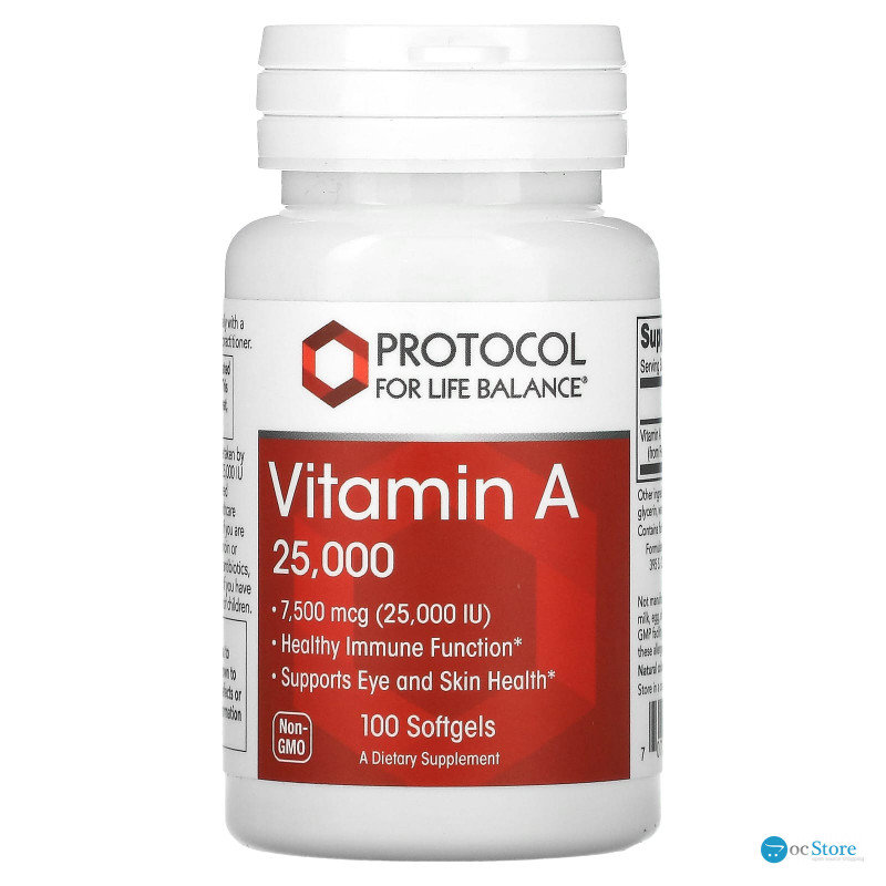 Вітамін А, Vitamin A, Protocol for Life Balance, 7500 мкг (25 000 МО), 100 гелевих капсул