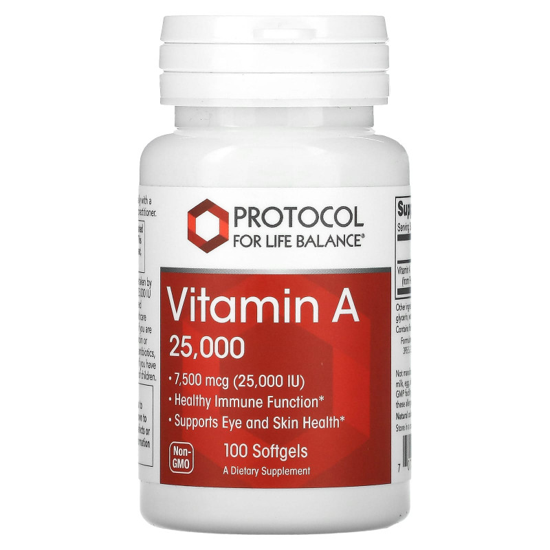 Вітамін А, Vitamin A, Protocol for Life Balance, 7500 мкг (25 000 МО), 100 гелевих капсул