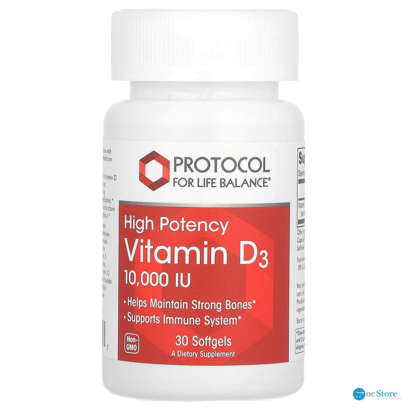 Вітамін D3, Vitamin D3, Protocol for Life Balance, висока ефективність, 10 000 МО, 30 гелевих капсул