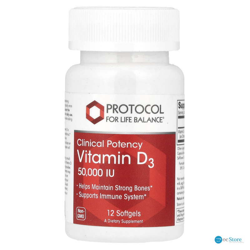 Вітамін D3, Vitamin D3, Protocol for Life Balance, клінічна сила, 50 000 МО, 12 гелевих капсул