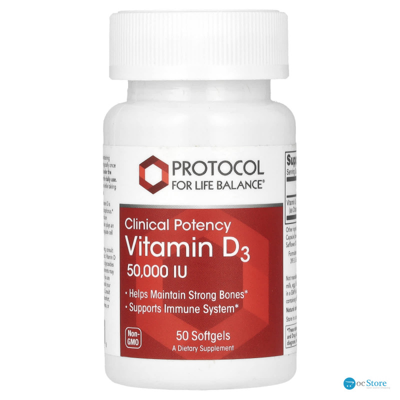 Вітамін D3, Vitamin D3, Protocol for Life Balance, клінічна сила, 50 000 МО, 50 гелевих капсул