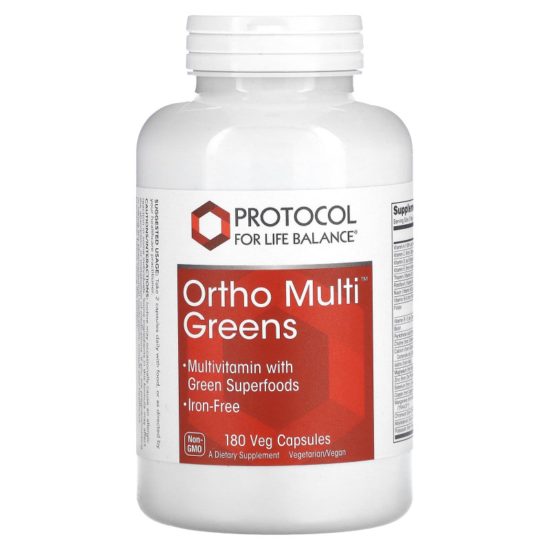 Мультивітаміни та Суперфуд, Ortho Multi Greens, Protocol for Life Balance, 180 рослинних капсул