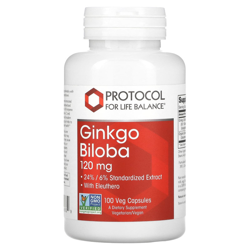 Гінкго Білоба, Ginkgo Biloba, Protocol for Life Balance, 120 мг, 100 рослинних капсул