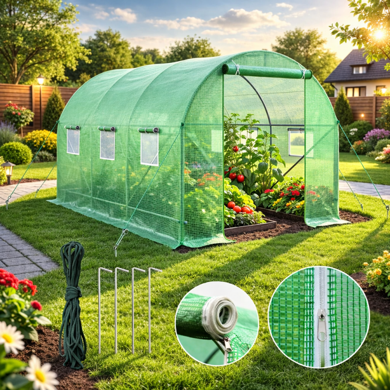 Садова теплиця 6 м² (3 × 2 × 2 м) з вікнами, армована плівка UV-4, Зелена (Польща)
