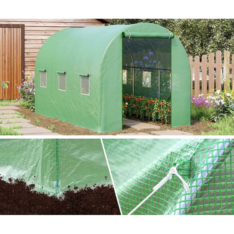 Садова теплиця 6 м² (3 × 2 × 2 м) з вікнами, армована плівка UV-4, Зелена (Польща)