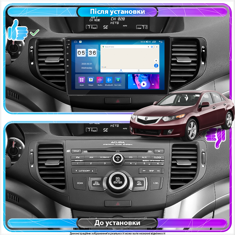 Штатная магнитола Lesko для Acura TSX II 2008-2014 экран 9" 4/64Gb CarPlay 4G Wi-Fi GPS Prime