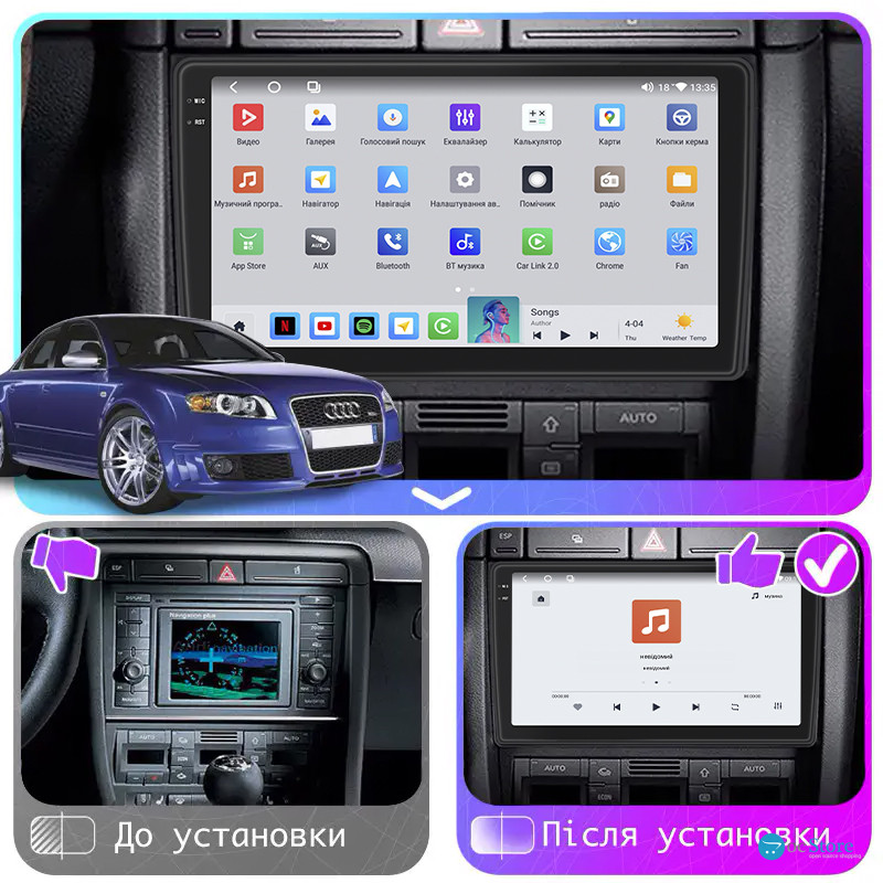 Штатная магнитола Lesko для Audi RS 4 II (B7) 2005-2009 экран 9" 4/64 QLED CarPlay 4G Wi-Fi GPS 360 Prime