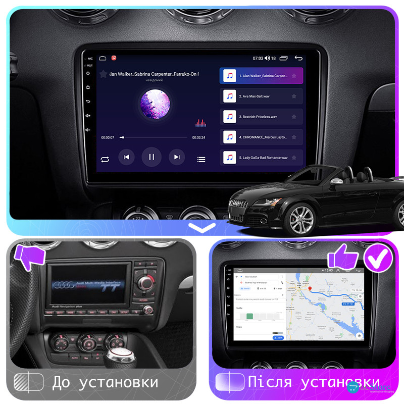 Штатная магнитола Lesko для Audi TTS II (8J) 2007-2010 экран 9" 4/64Gb CarPlay 4G Wi-Fi GPS Prime