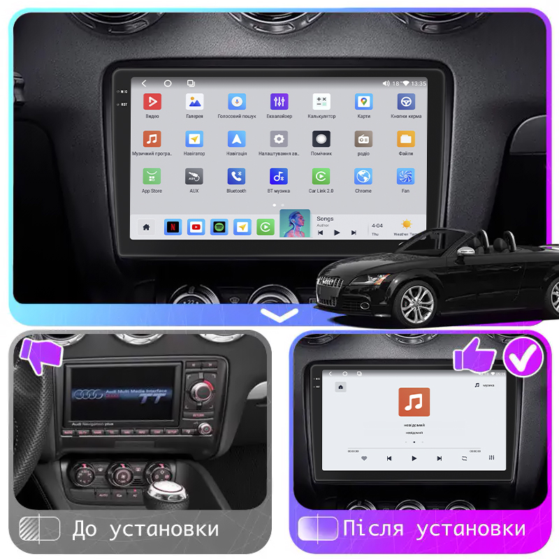 Штатная магнитола Lesko для Audi TTS II (8J) 2007-2010 экран 9" 4/64 QLED CarPlay 4G Wi-Fi GPS 360 Prime