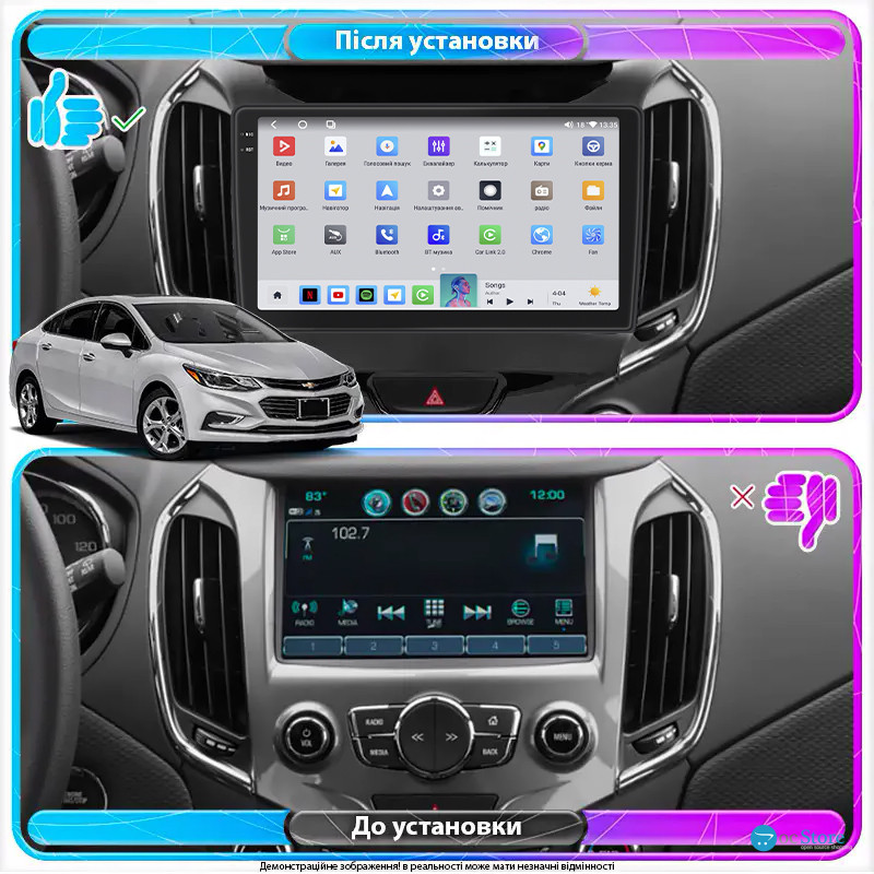 Штатная магнитола Lesko для Chevrolet Cruze II 2015-н.в. экран 9" 4/64 QLED CarPlay 4G Wi-Fi GPS 360 Prime