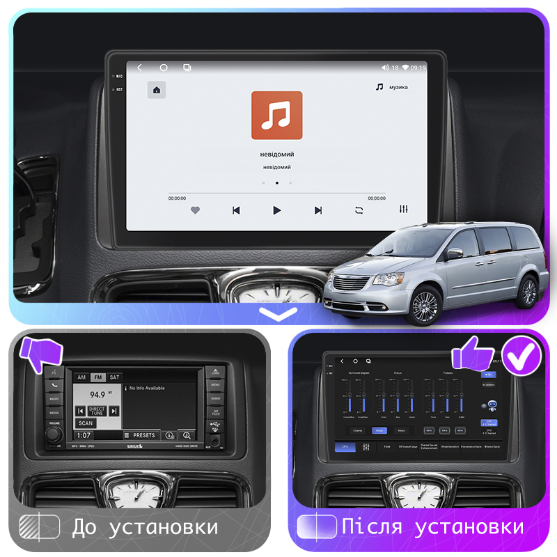 Штатная магнитола Lesko для Chrysler Voyager V Рестайлинг 2011-2016 экран 9" 4/64 QLED CarPlay 4G Wi-Fi GPS 360 Prime
