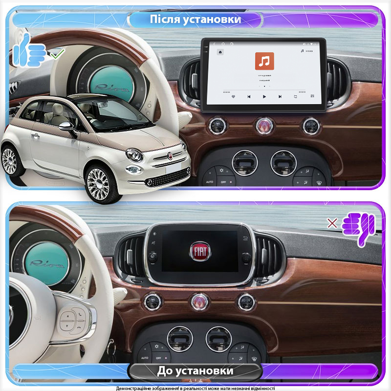 Штатная магнитола Lesko для Fiat 500 II Рестайлинг 2015-н.в. экран 9" 4/64 QLED CarPlay 4G Wi-Fi GPS 360 Prime