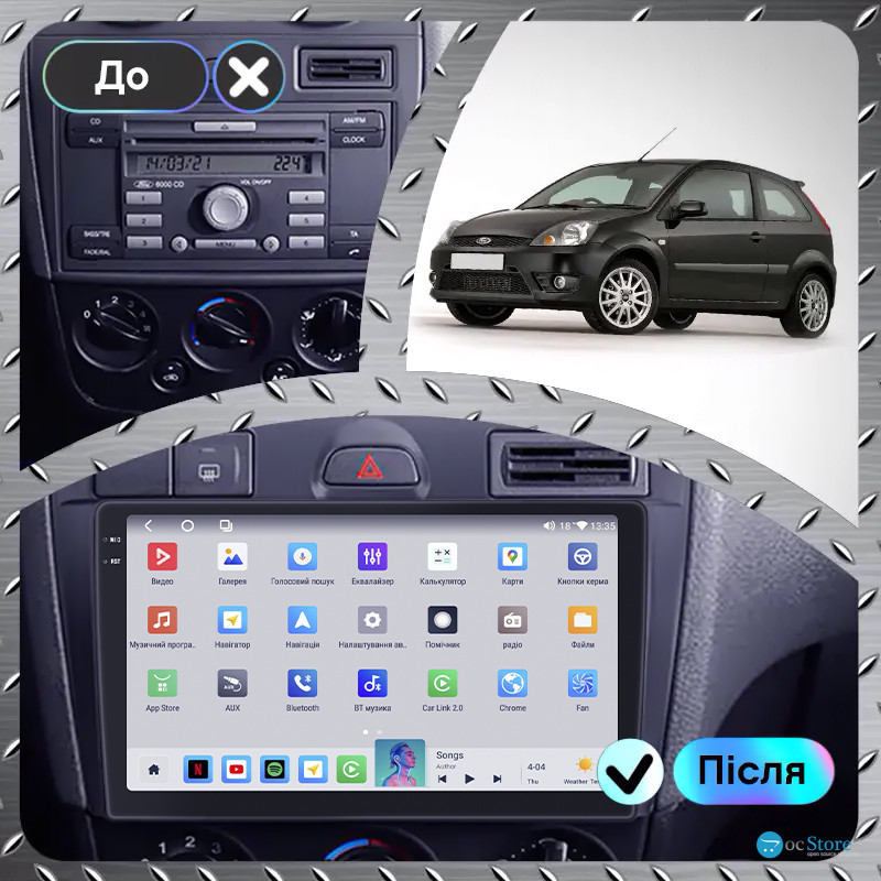 Штатная магнитола Lesko для Ford Fiesta Mk5 2002-2008 экран 9" 4/64 QLED CarPlay 4G Wi-Fi GPS 360 Prime