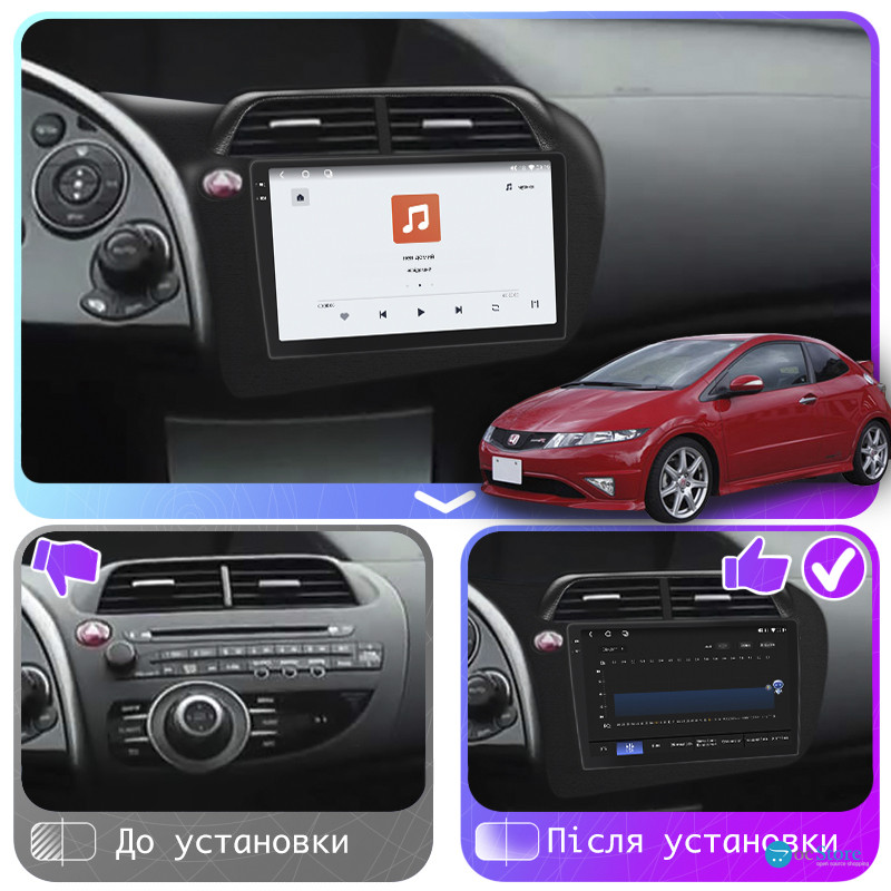 Штатная магнитола Lesko для Honda Civic Type R VIII 2006-2008 экран 9" 4/64 QLED CarPlay 4G Wi-Fi GPS 360 Prime