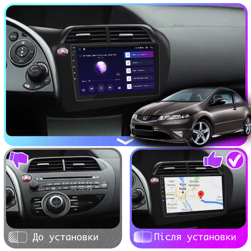 Штатная магнитола Lesko для Honda Civic Type R VIII Рестайлинг 2008-2011 экран 9" 2/32Gb CarPlay 4G Wi-Fi GPS Prime