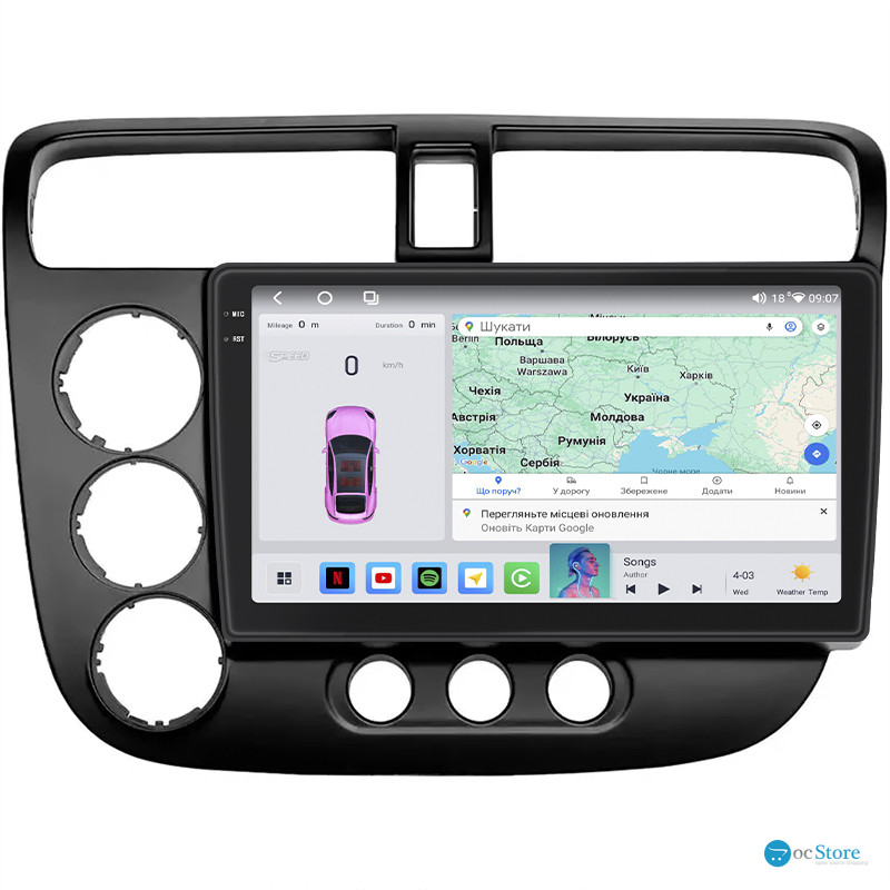 Штатная магнитола Lesko для Honda Civic VII 2000-2003 экран 9" 4/64 QLED CarPlay 4G Wi-Fi GPS 360 Prime