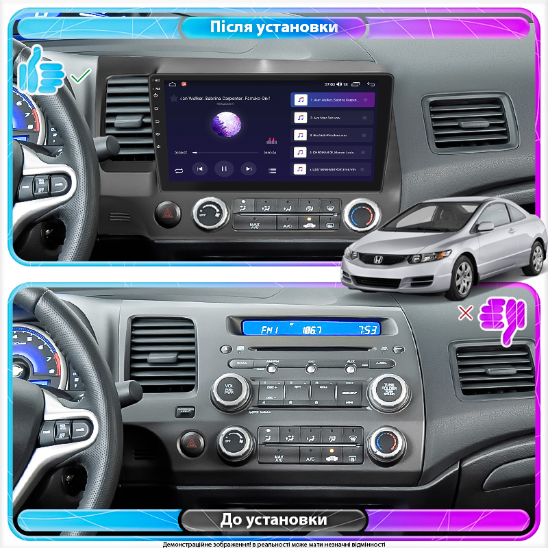 Штатная магнитола Lesko для Honda Civic VIII Рестайлинг 2008-2012 экран 10" 4/64Gb CarPlay 4G Wi-Fi GPS Prime