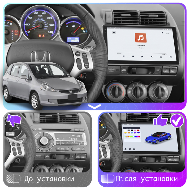 Штатная магнитола Lesko для Honda Fit I Manual AC 2001-2008 экран 9" 4/64 QLED CarPlay 4G Wi-Fi GPS 360 Prime