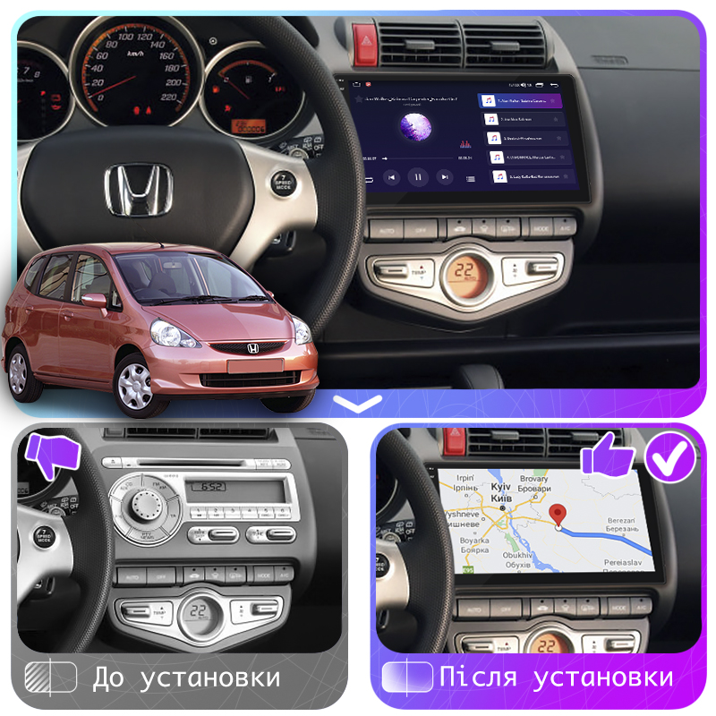 Штатная магнитола Lesko для Honda Jazz I 2001-2005 экран 9" 4/64Gb CarPlay 4G Wi-Fi GPS Prime