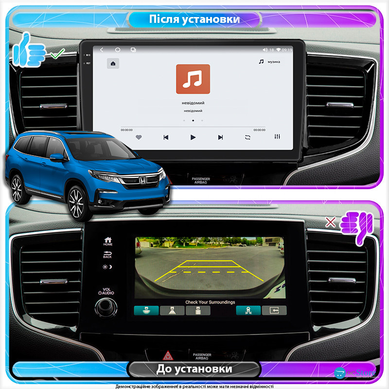 Штатная магнитола Lesko для Honda Pilot III Рестайлинг 2018-н.в. экран 10" 4/64 QLED CarPlay 4G Wi-Fi GPS 360 Prime