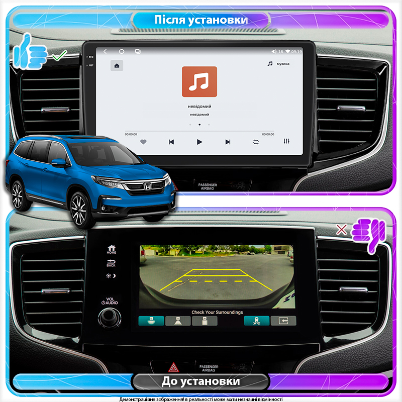 Штатная магнитола Lesko для Honda Pilot III Рестайлинг 2018-н.в. экран 10" 4/64 QLED CarPlay 4G Wi-Fi GPS 360 Prime