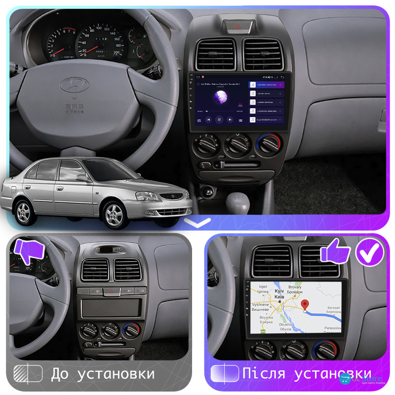 Штатная магнитола Lesko для Hyundai Accent II 1999-2012 экран 9" 4/64Gb 4G Wi-Fi GPS Top