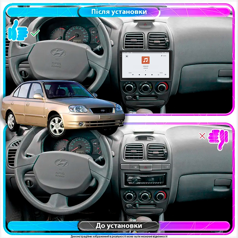 Штатная магнитола Lesko для Hyundai Accent II Рестайлинг 2002-2005 экран 9" 4/64 QLED CarPlay 4G Wi-Fi GPS 360 Prime