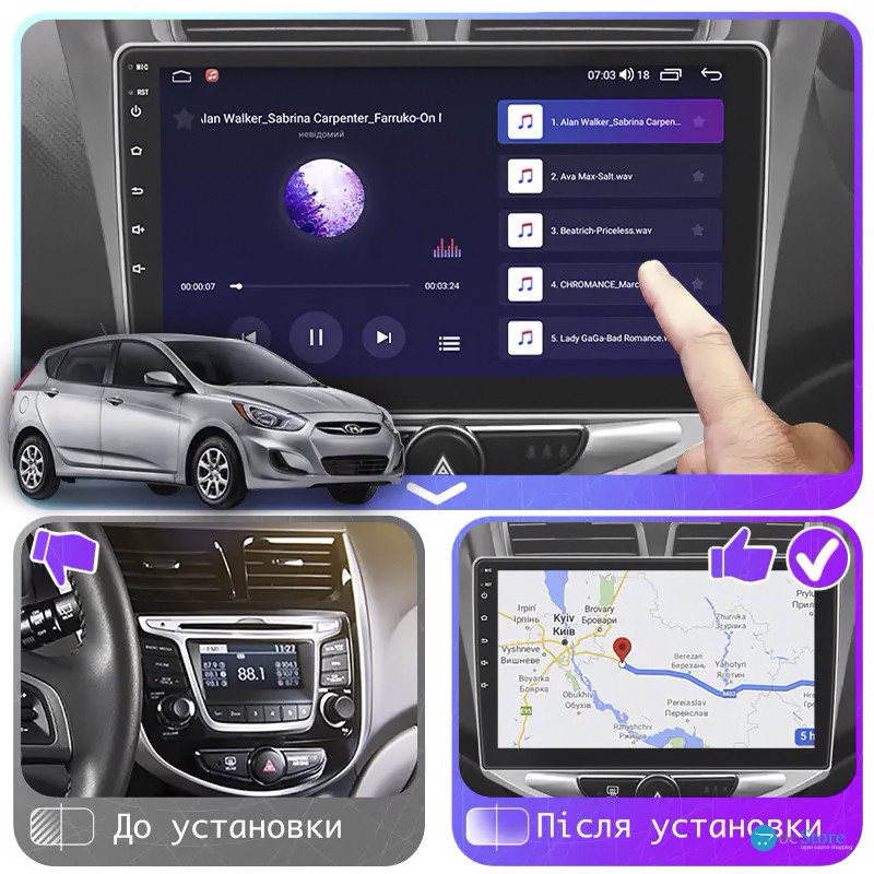 Штатная магнитола Lesko для Hyundai Accent IV 2010-2017 экран 10" 2/32Gb CarPlay 4G Wi-Fi GPS Prime