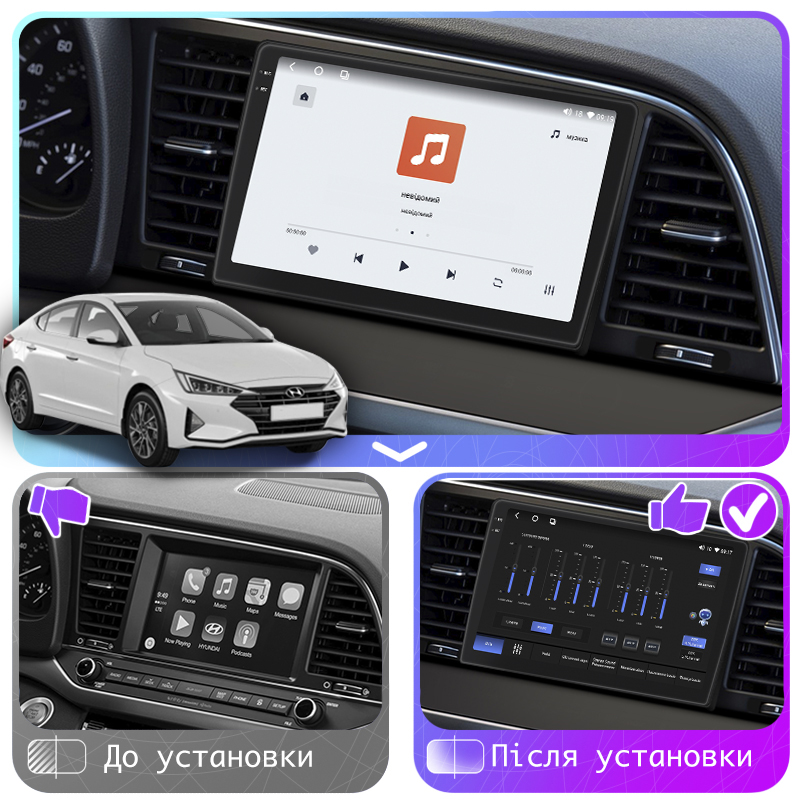 Штатная магнитола Lesko для Hyundai Elantra VI (AD) Рестайлинг 2018-2020 экран 9" 4/64 QLED CarPlay 4G Wi-Fi GPS 360 Prime