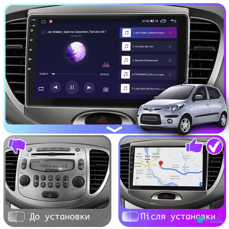 Штатная магнитола Lesko для Hyundai i10 I 2007-2013 экран 9" 1/16Gb Wi-Fi GPS Base