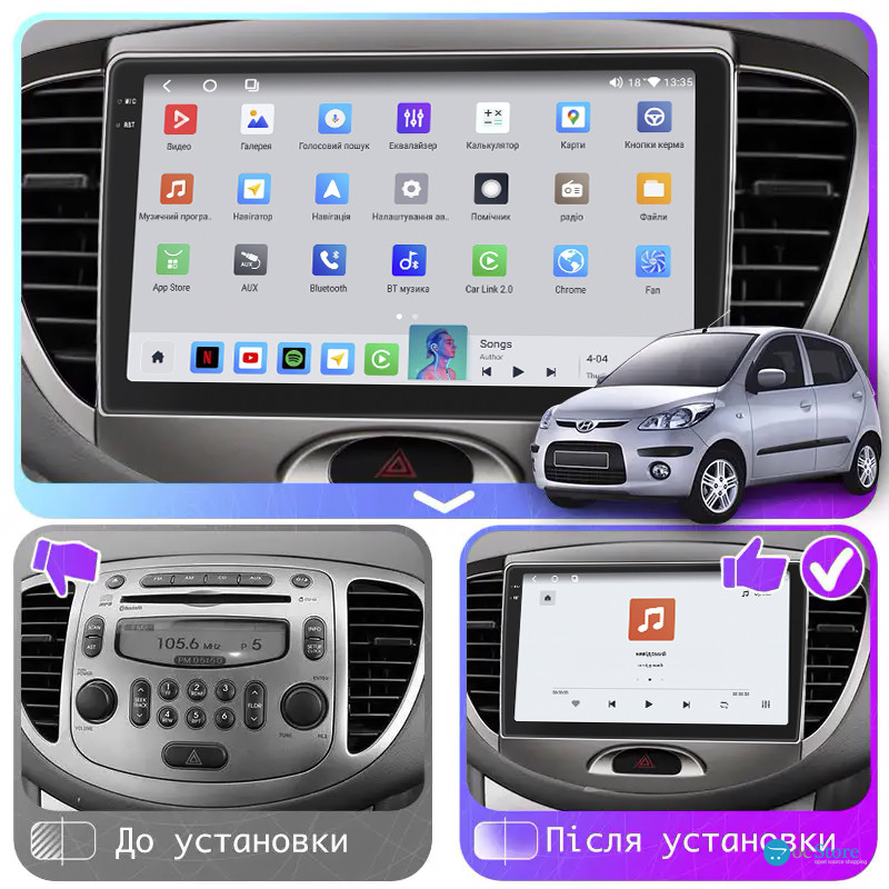 Штатная магнитола Lesko для Hyundai i10 I 2007-2013 экран 9" 4/64 QLED CarPlay 4G Wi-Fi GPS 360 Prime