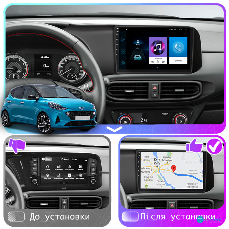 Штатная магнитола Lesko для Hyundai i10 III 2019-н.в. экран 9" 1/16Gb Wi-Fi GPS Base