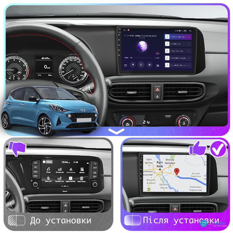 Штатная магнитола Lesko для Hyundai i10 III 2019-н.в. экран 9" 2/32Gb CarPlay 4G Wi-Fi GPS Prime