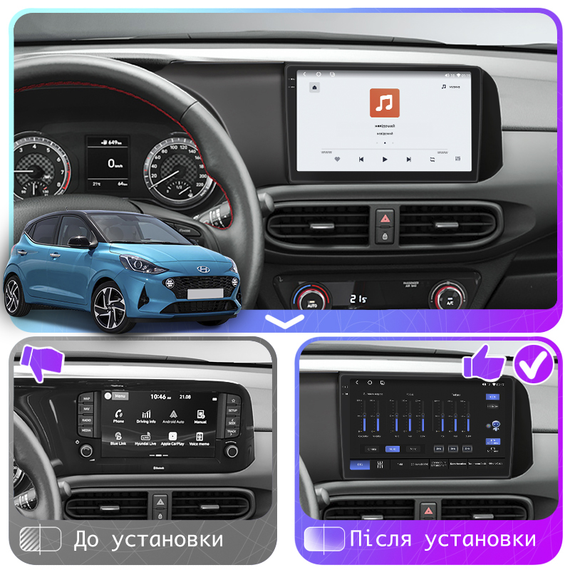 Штатная магнитола Lesko для Hyundai i10 III 2019-н.в. экран 9" 4/64 QLED CarPlay 4G Wi-Fi GPS 360 Prime