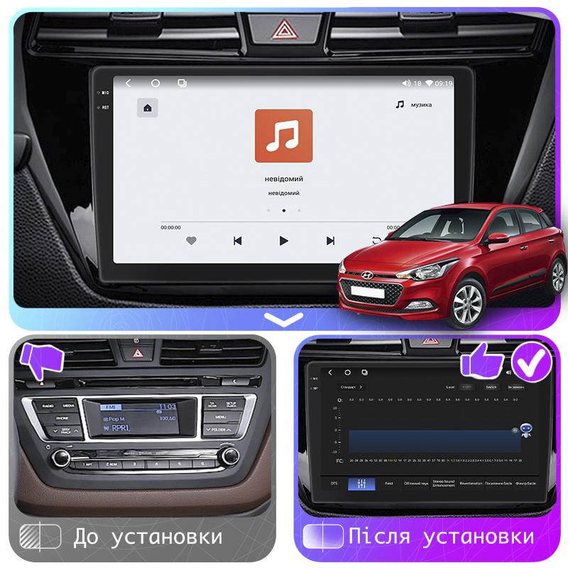 Штатная магнитола Lesko для Hyundai i20 II 2014-2018 экран 9" 4/64 QLED CarPlay 4G Wi-Fi GPS 360 Prime